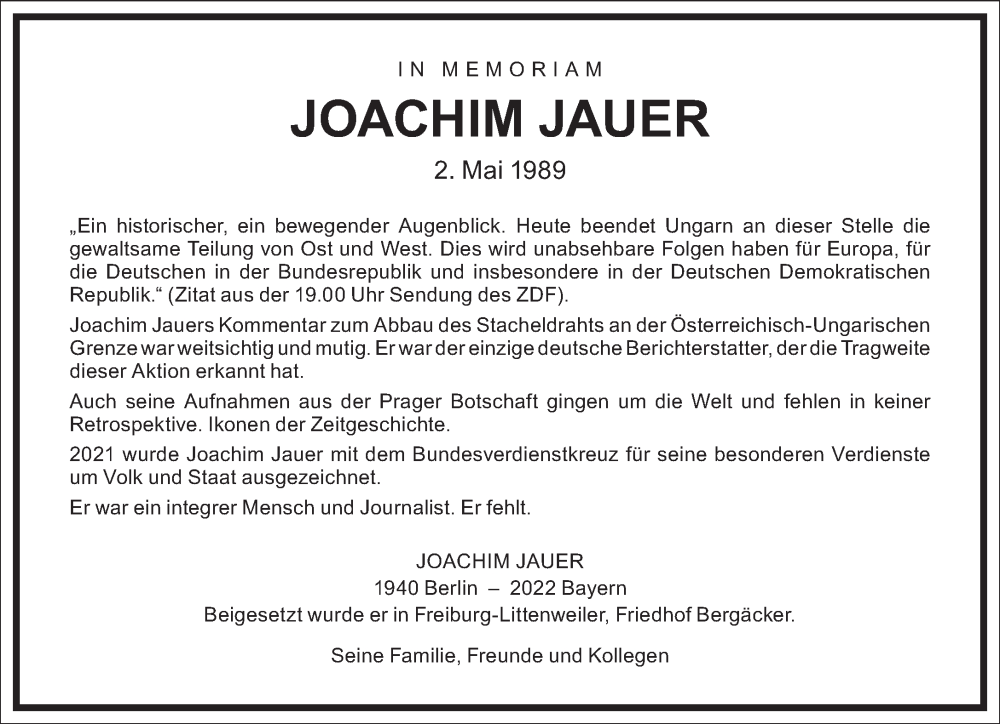  Traueranzeige für Joachim Jauer vom 02.05.2023 aus Frankfurter Allgemeine Zeitung