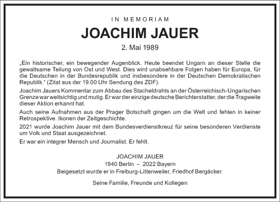 Traueranzeige von Joachim Jauer von Frankfurter Allgemeine Zeitung