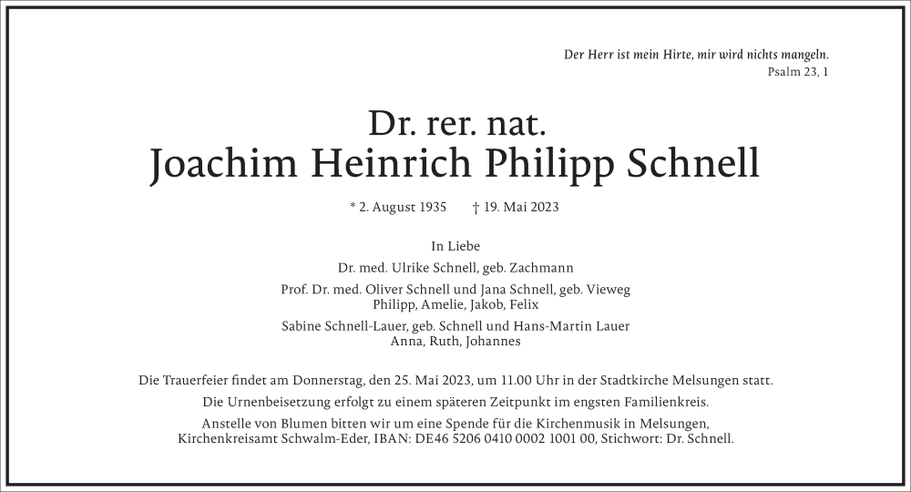  Traueranzeige für Joachim Heinrich Philipp Schnell vom 24.05.2023 aus Frankfurter Allgemeine Zeitung