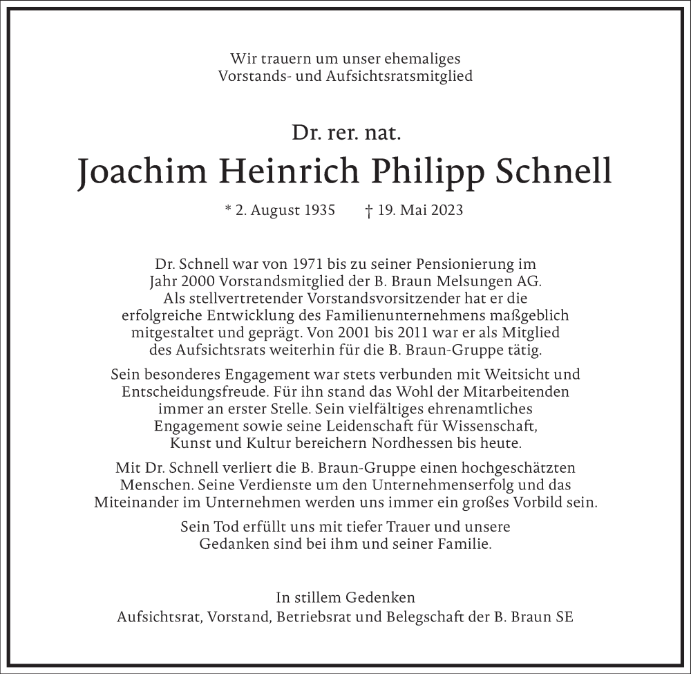  Traueranzeige für Joachim Heinrich Philipp Schnell vom 24.05.2023 aus Frankfurter Allgemeine Zeitung