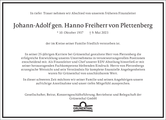 Traueranzeige von Johann-Adolf Hanno Freiherr von Plettenberg von Frankfurter Allgemeine Zeitung