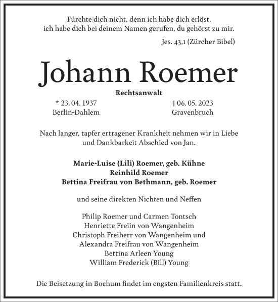 Traueranzeige von Johann Roemer von Frankfurter Allgemeine Zeitung