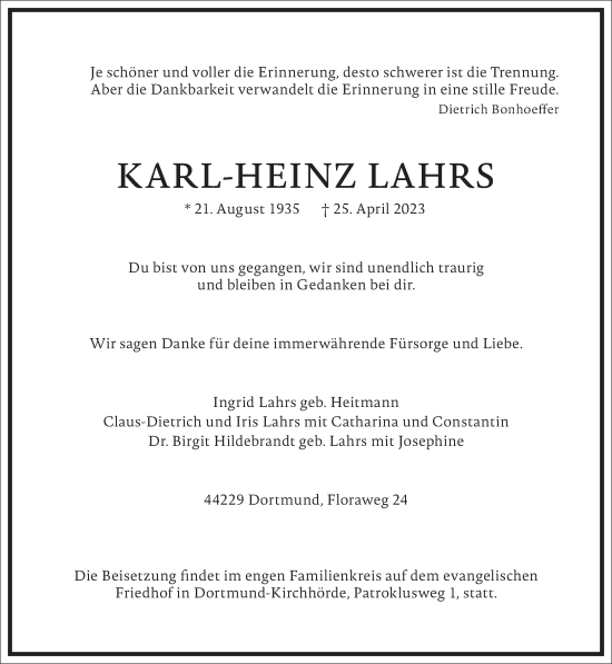 Traueranzeige von Karl-Heinz Lahrs von Frankfurter Allgemeine Zeitung