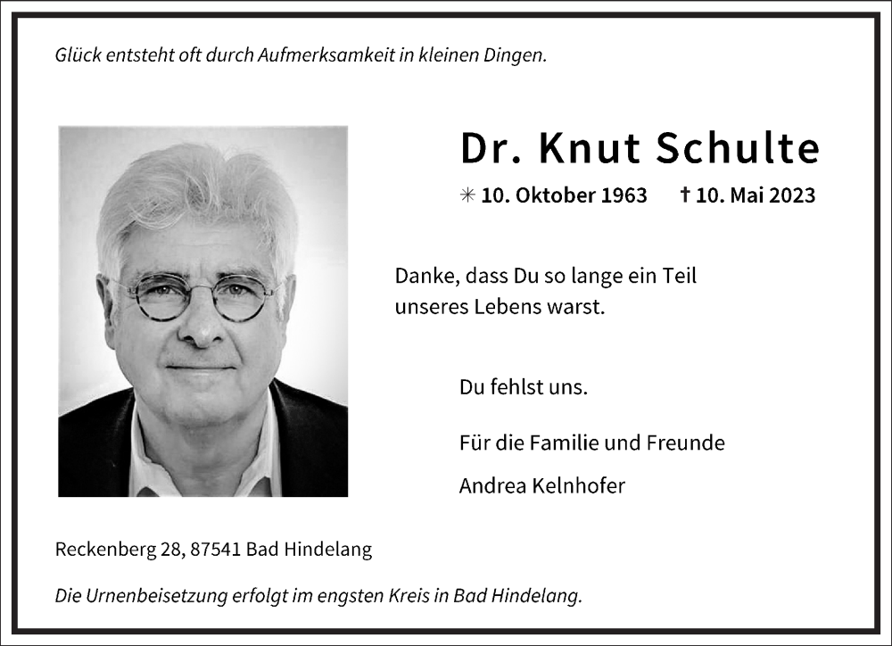  Traueranzeige für Knut Schulte vom 26.05.2023 aus Frankfurter Allgemeine Zeitung
