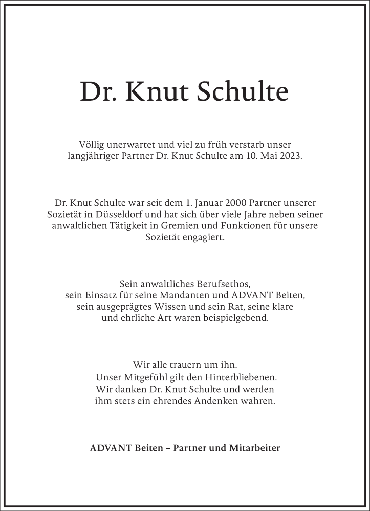  Traueranzeige für Knut Schulte vom 27.05.2023 aus Frankfurter Allgemeine Zeitung