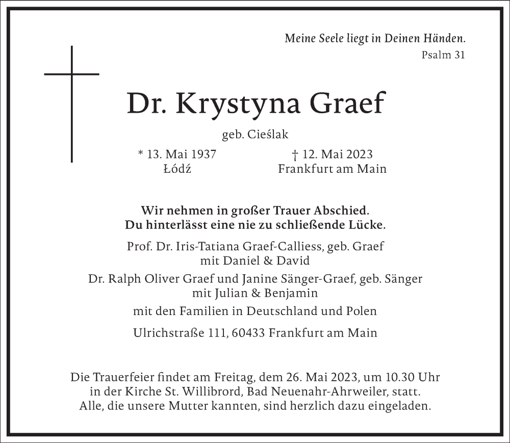  Traueranzeige für Krystyna Graef vom 22.05.2023 aus Frankfurter Allgemeine Zeitung
