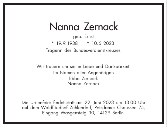 Traueranzeige von Nanna Zernack von Frankfurter Allgemeine Zeitung