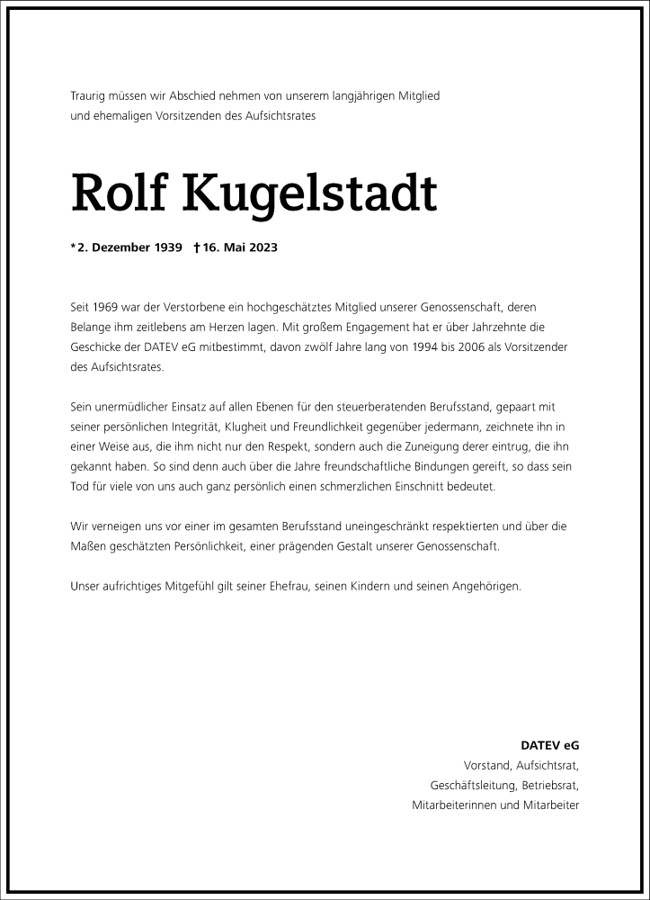  Traueranzeige für Rolf Kugelstadt vom 23.05.2023 aus Frankfurter Allgemeine Zeitung