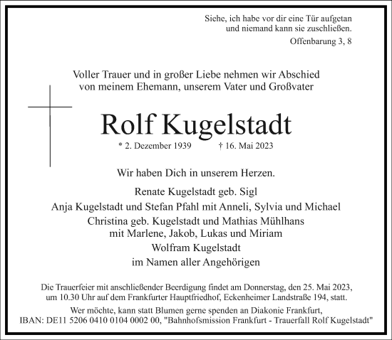 Traueranzeige von Rolf Kugelstadt von Frankfurter Allgemeine Zeitung