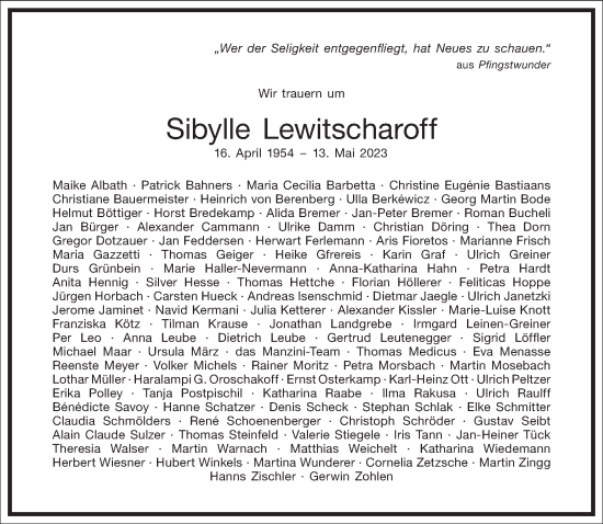 Traueranzeige von Sibylle Lewitscharoff von Frankfurter Allgemeine Zeitung