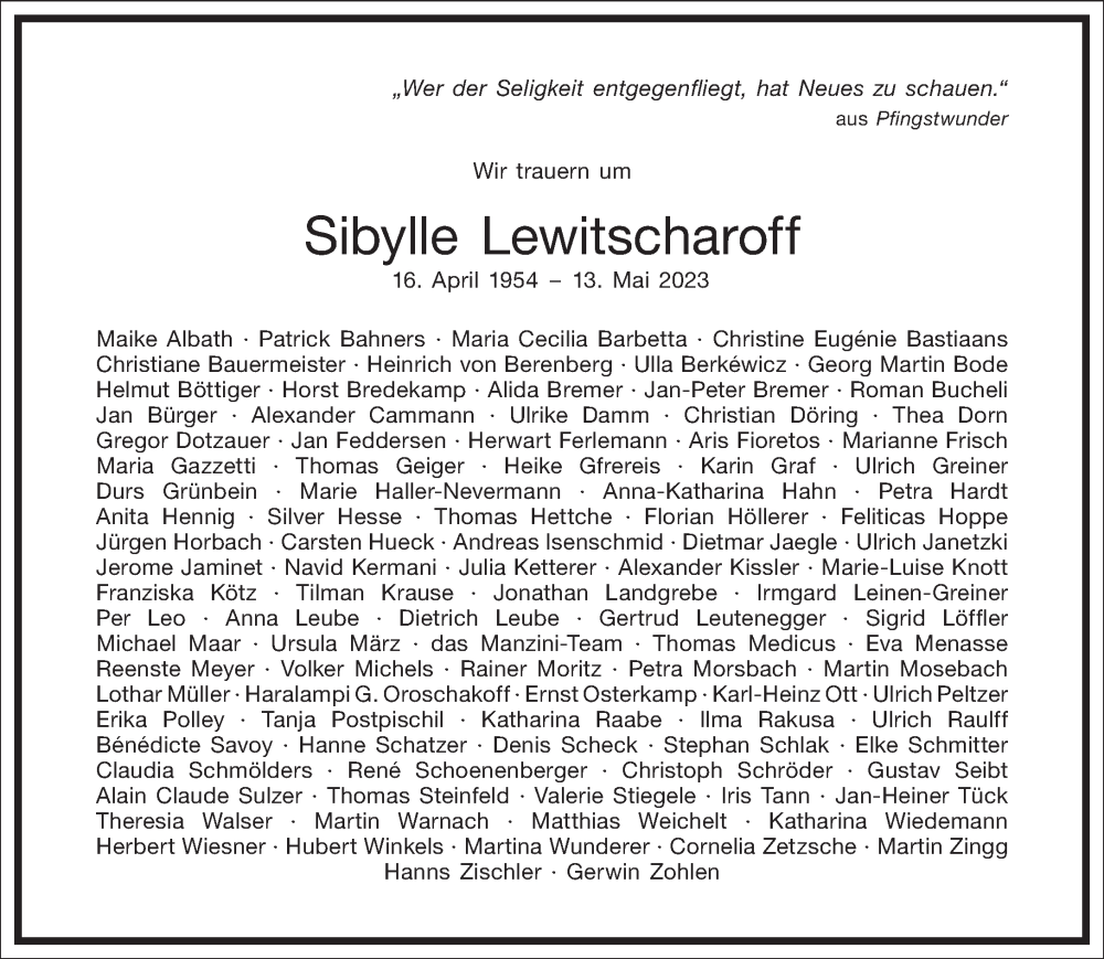  Traueranzeige für Sibylle Lewitscharoff vom 27.05.2023 aus Frankfurter Allgemeine Zeitung