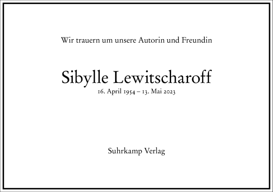 Traueranzeige von Sibylle Lewitscharoff von Frankfurter Allgemeine Zeitung