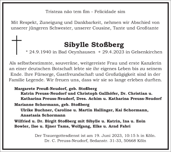 Traueranzeige von Sibylle Stoßberg von Frankfurter Allgemeine Zeitung