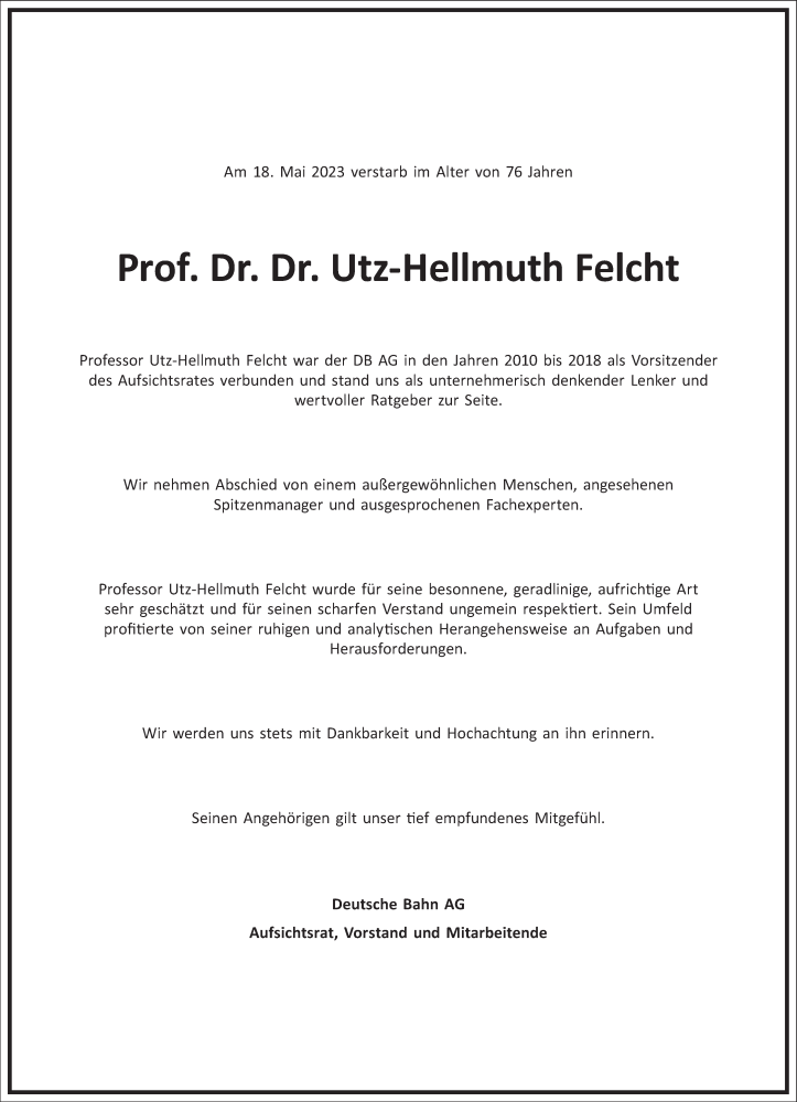  Traueranzeige für Utz-Hellmuth Felcht vom 27.05.2023 aus Frankfurter Allgemeine Zeitung
