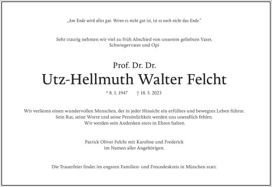 Traueranzeige von Utz-Hellmuth Walter Felcht von Frankfurter Allgemeine Zeitung