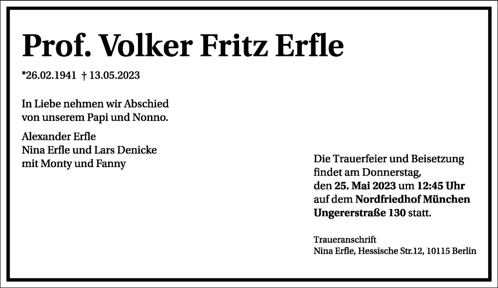  Traueranzeige für Volker Fritz Erfle vom 20.05.2023 aus Frankfurter Allgemeine Zeitung
