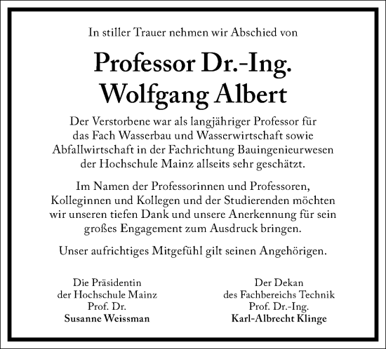 Traueranzeige von Wolfgang Albert von Frankfurter Allgemeine Zeitung