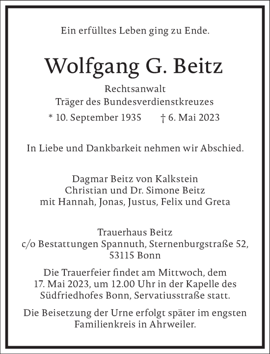 Traueranzeige von Wolfgang G. Beitz von Frankfurter Allgemeine Zeitung