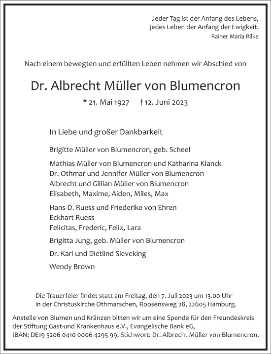 Traueranzeige von Albrecht Müller von Blumencron von Frankfurter Allgemeine Zeitung