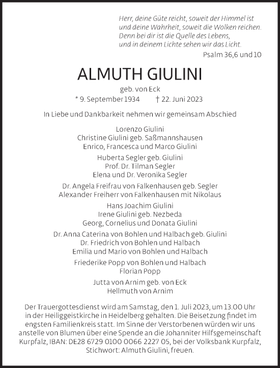 Traueranzeige von Almuth Giulini von Frankfurter Allgemeine Zeitung