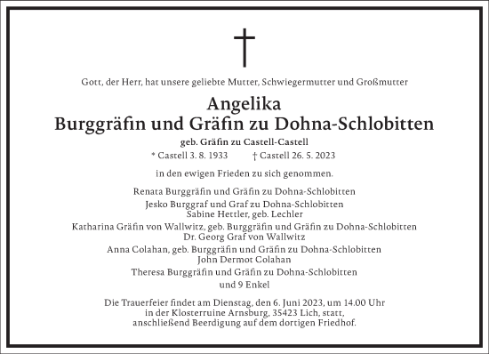 Traueranzeige von Angelika Burggräfn und Gräfn zu Dohna-Schlobitten von Frankfurter Allgemeine Zeitung