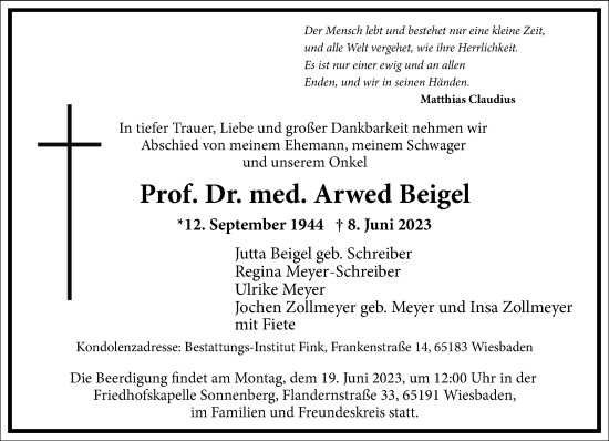 Traueranzeige von Arwed Beigel von Frankfurter Allgemeine Zeitung