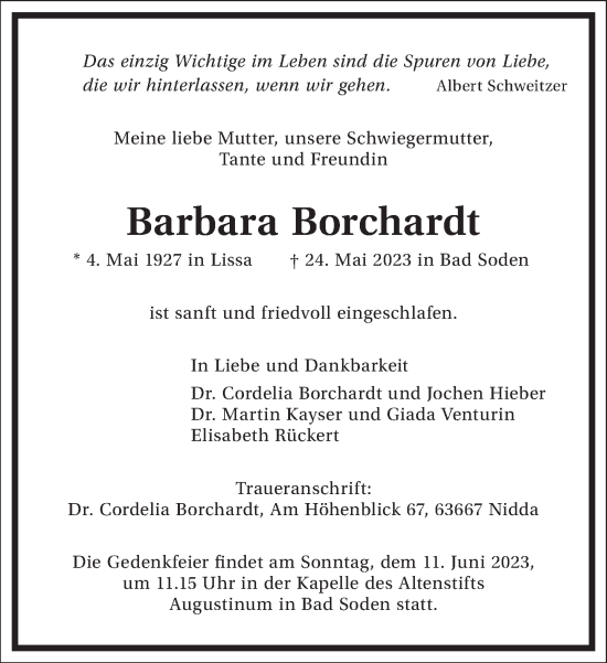 Traueranzeige von Barbara Borchardt von Frankfurter Allgemeine Zeitung