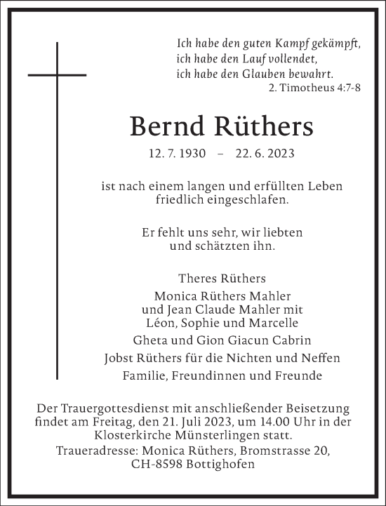 Traueranzeige von Bernd Rüthers von Frankfurter Allgemeine Zeitung