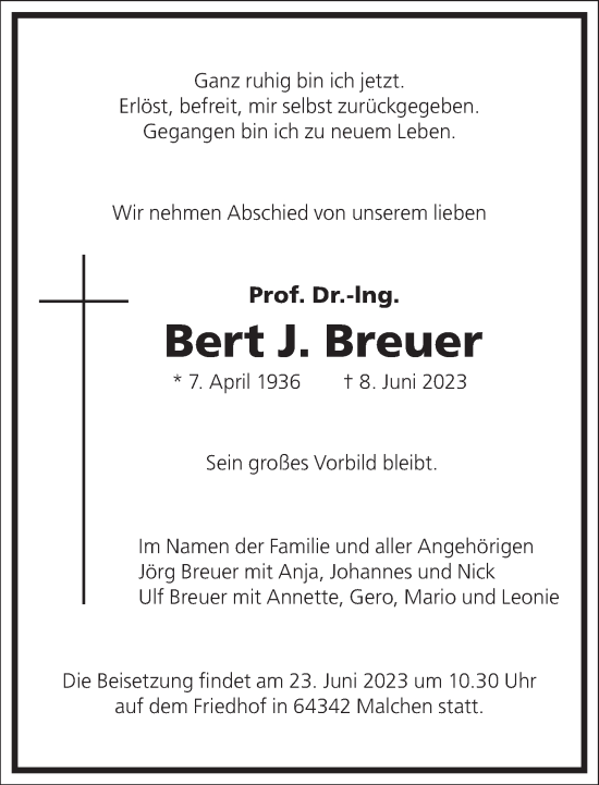Traueranzeige von Bert  Breuer von Frankfurter Allgemeine Zeitung