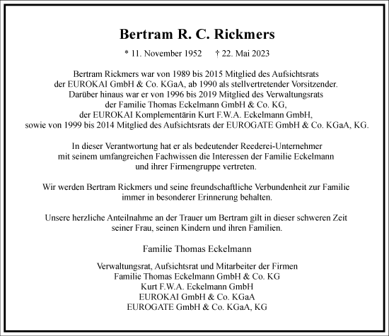 Traueranzeige von Bertram R. C. Rickmers von Frankfurter Allgemeine Zeitung