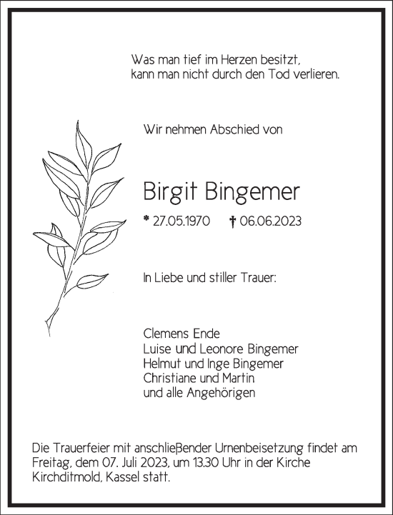 Traueranzeige von Birgit Bingemer von Frankfurter Allgemeine Zeitung