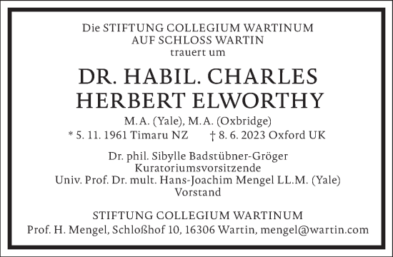 Traueranzeige von Charles Herbert  Elworthy von Frankfurter Allgemeine Zeitung