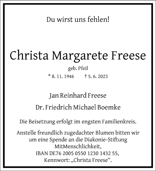 Traueranzeige von Christa  Freese von Frankfurter Allgemeine Zeitung