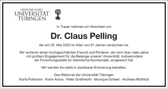 Traueranzeige von Claus Pelling von Frankfurter Allgemeine Zeitung