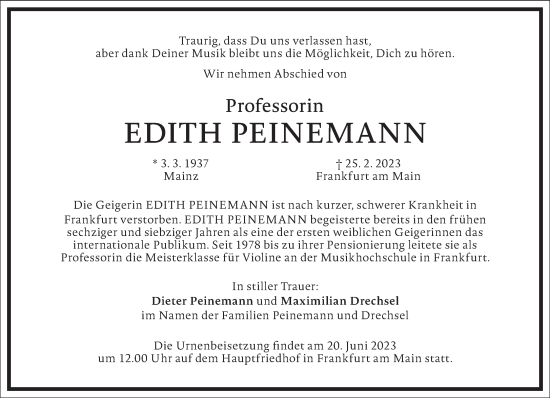 Traueranzeige von Edith Peinemann von Frankfurter Allgemeine Zeitung