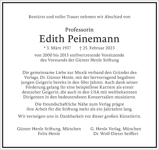 Traueranzeige von Edith Peinemann von Frankfurter Allgemeine Zeitung