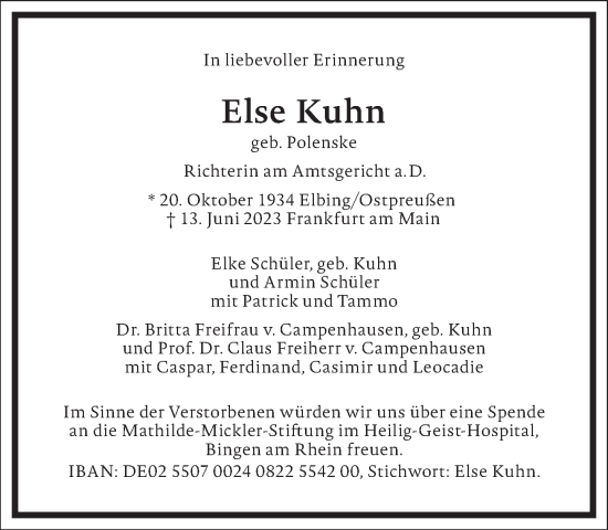 Traueranzeige von Else Kuhn von Frankfurter Allgemeine Zeitung