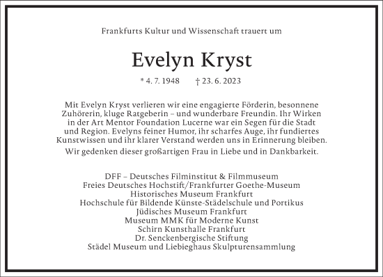 Traueranzeige von Evelyn Kryst von Frankfurter Allgemeine Zeitung