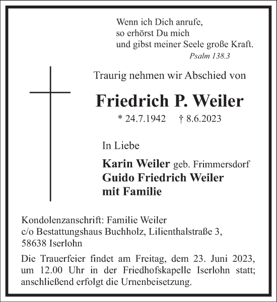 Traueranzeige von Friedrich  Weiler von Frankfurter Allgemeine Zeitung