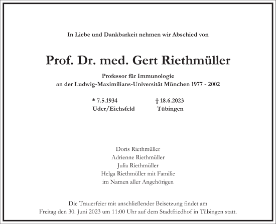 Traueranzeige von Gert Riethmüller von Frankfurter Allgemeine Zeitung