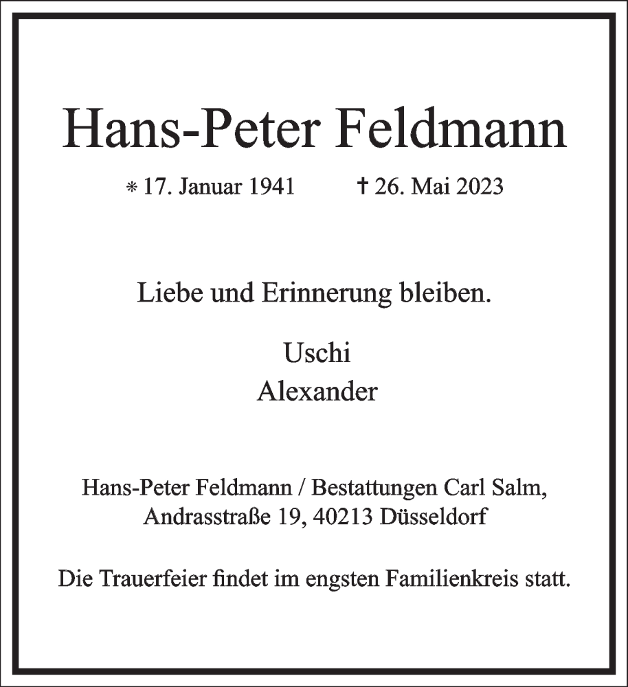  Traueranzeige für Hans-Peter Feldmann vom 03.06.2023 aus Frankfurter Allgemeine Zeitung