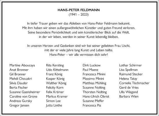Traueranzeige von Hans-Peter Feldmann von Frankfurter Allgemeine Zeitung