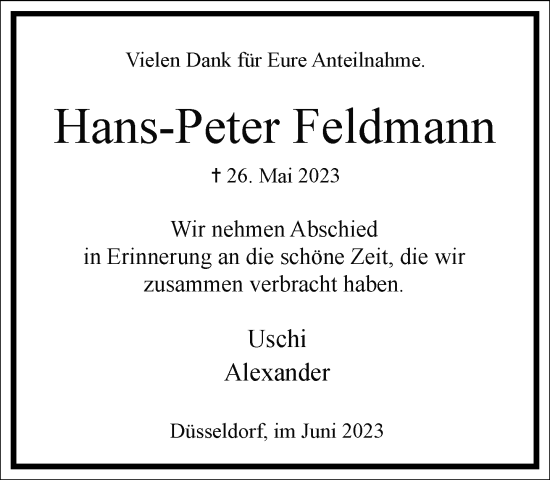 Traueranzeige von Hans-Peter Feldmann von Frankfurter Allgemeine Zeitung