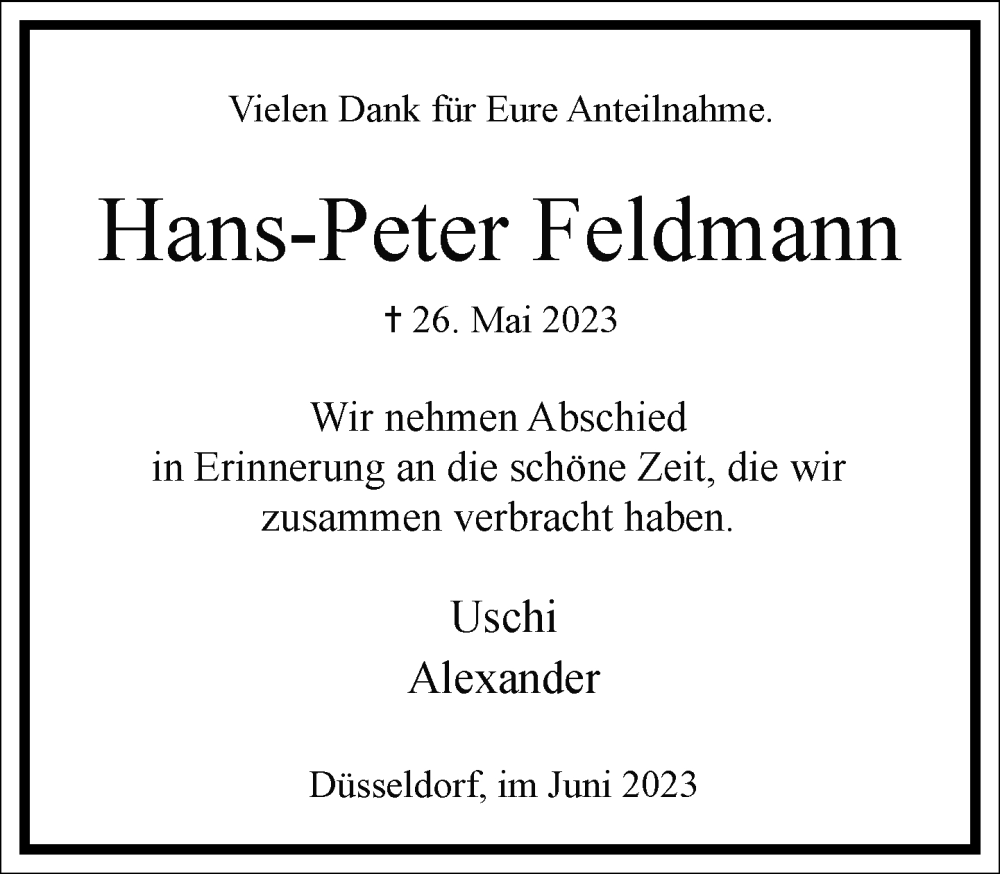  Traueranzeige für Hans-Peter Feldmann vom 17.06.2023 aus Frankfurter Allgemeine Zeitung