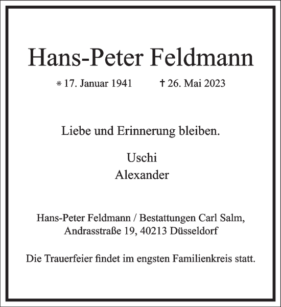 Traueranzeige von Hans-Peter Feldmann von Frankfurter Allgemeine Zeitung