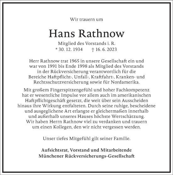 Traueranzeige von Hans Rathnow von Frankfurter Allgemeine Zeitung