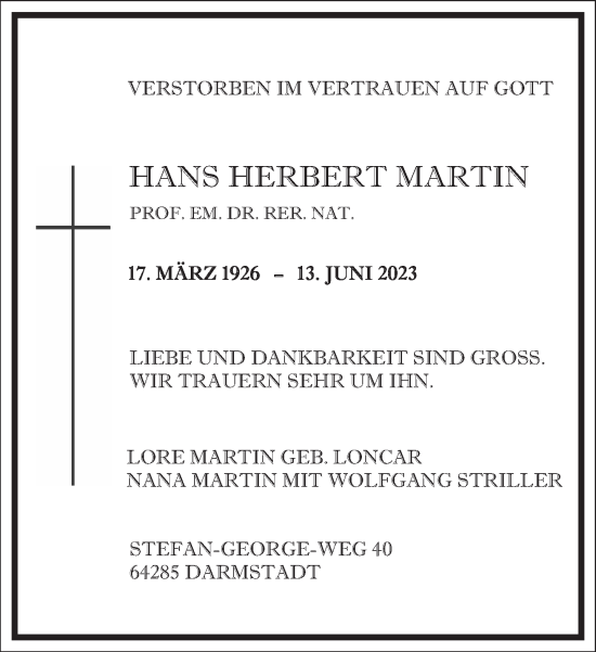 Traueranzeige von Hans Herbert Martin von Frankfurter Allgemeine Zeitung