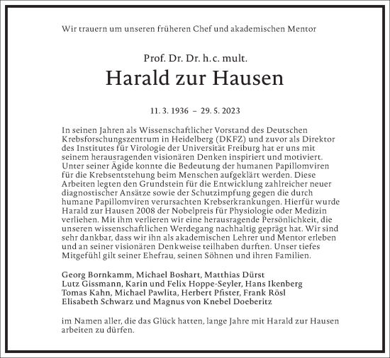 Traueranzeige von Harald zur Hausen von Frankfurter Allgemeine Zeitung