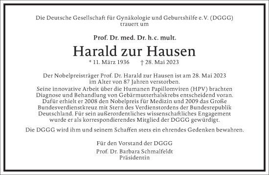 Traueranzeige von Harald zur Hausen von Frankfurter Allgemeine Zeitung