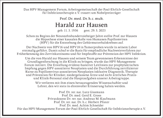 Traueranzeige von Harald zur Hausen von Frankfurter Allgemeine Zeitung